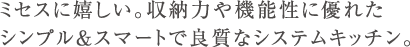 ミセスに嬉しい。収納力や機能性に優れたシンプル＆スマートで良質なシステムキッチン