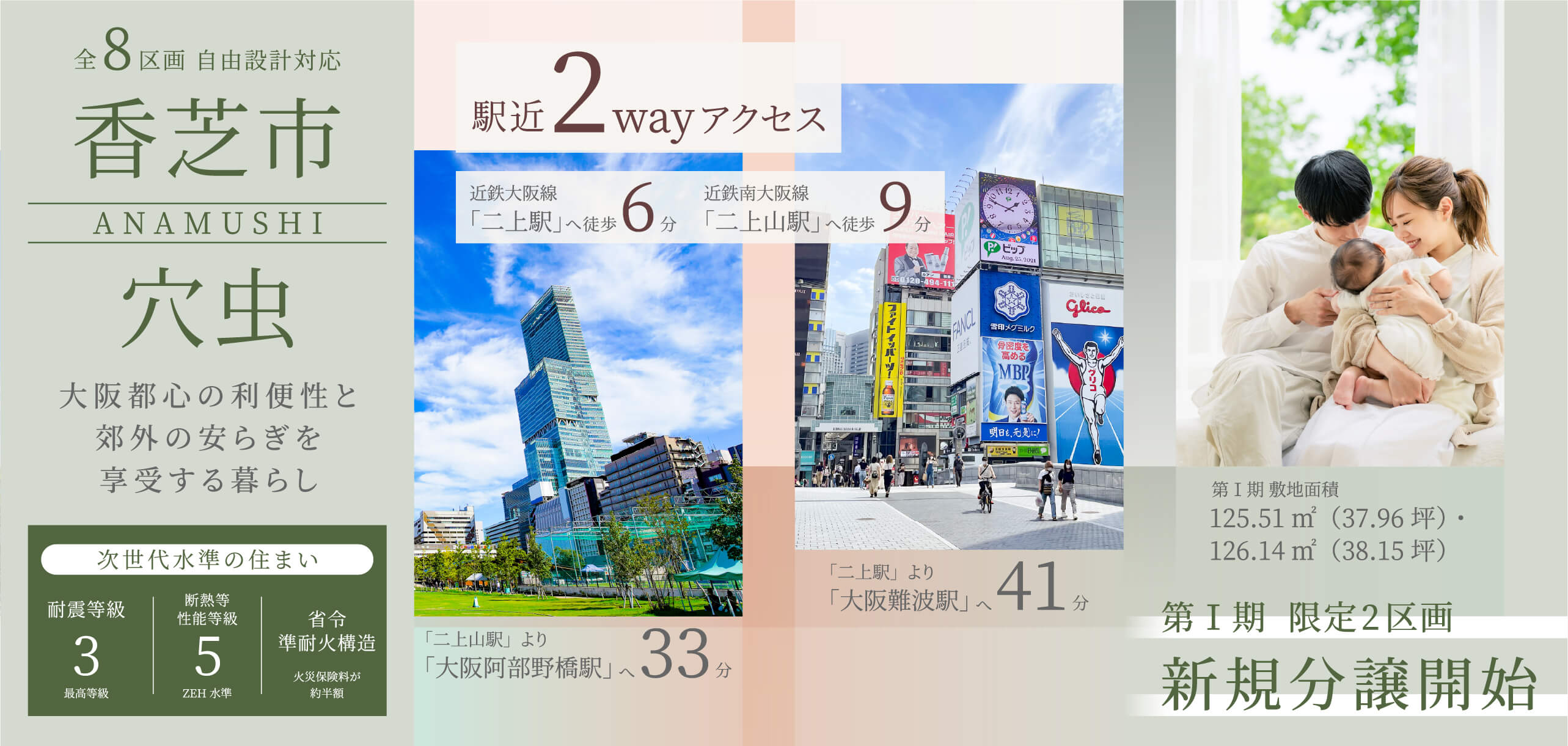 香芝市 穴虫 新規分譲開始 全8区画 駅近2wayアクセス 近鉄大阪線二上駅から徒歩6分、近鉄南大阪線二上山駅から徒歩9分でアクセス可