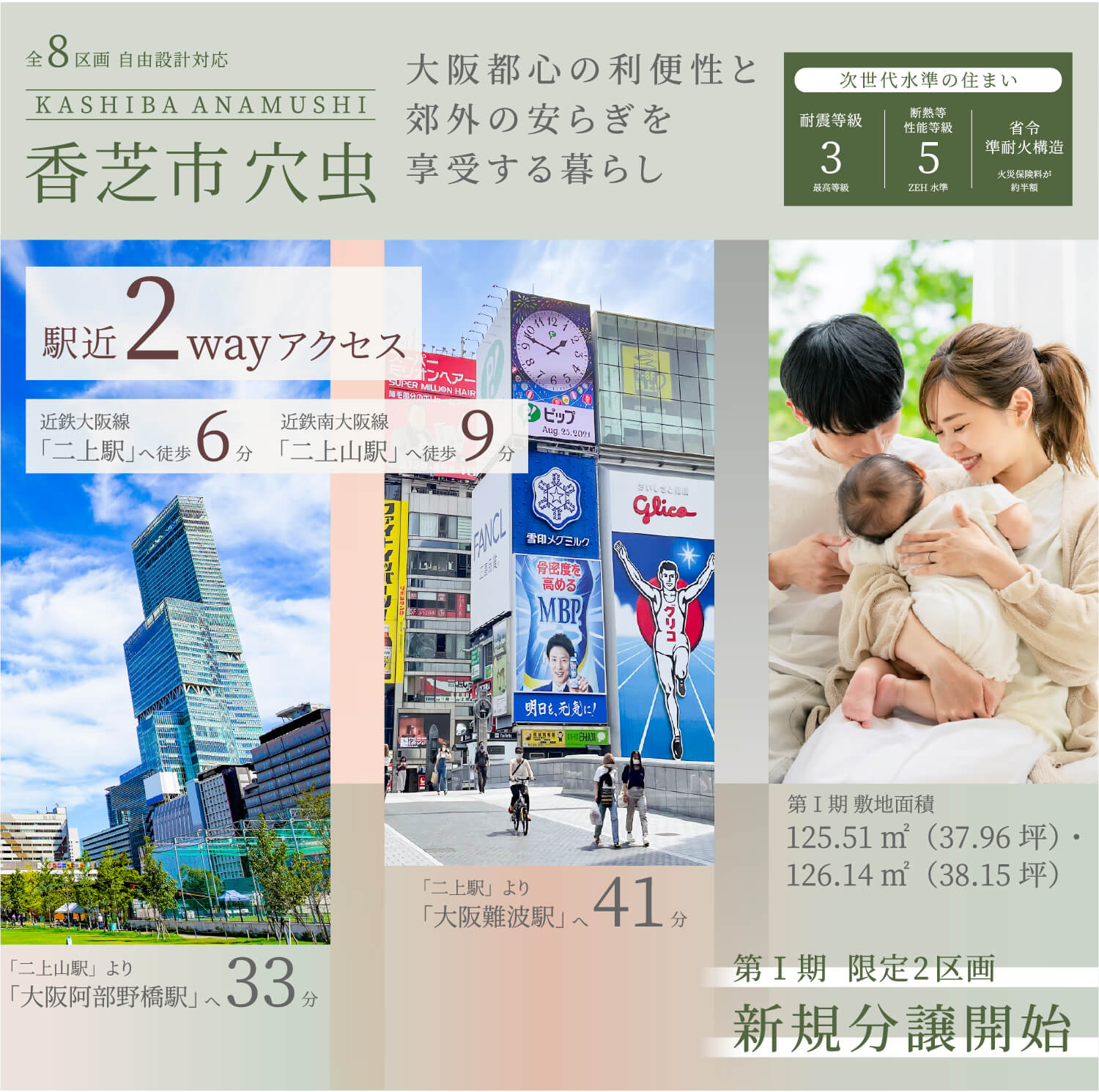 香芝市 穴虫 新規分譲開始 全8区画 駅近2wayアクセス 近鉄大阪線二上駅から徒歩6分、近鉄南大阪線二上山駅から徒歩9分でアクセス可