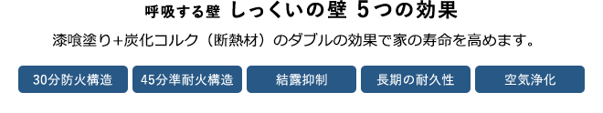 呼吸する壁　しっくいの壁　5つの効果　漆喰塗り+炭化コルク（断熱材）のダブルの効果で家の寿命を高めます。