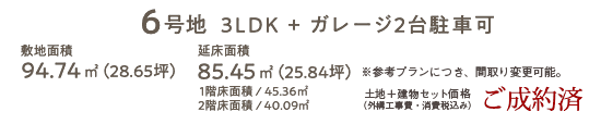 6号地 ３LDK + ガレージ2台駐車可