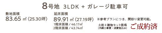 8号地 ３LDK + ガレージ駐車可